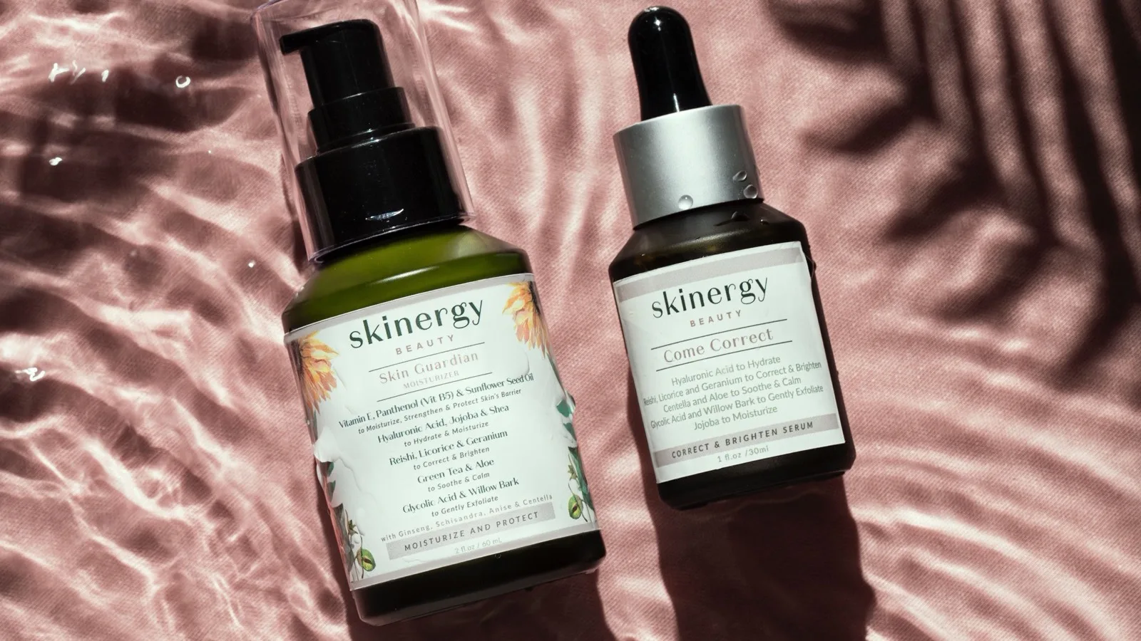 Brightening skincare bottles arranged for ingredient comparison.